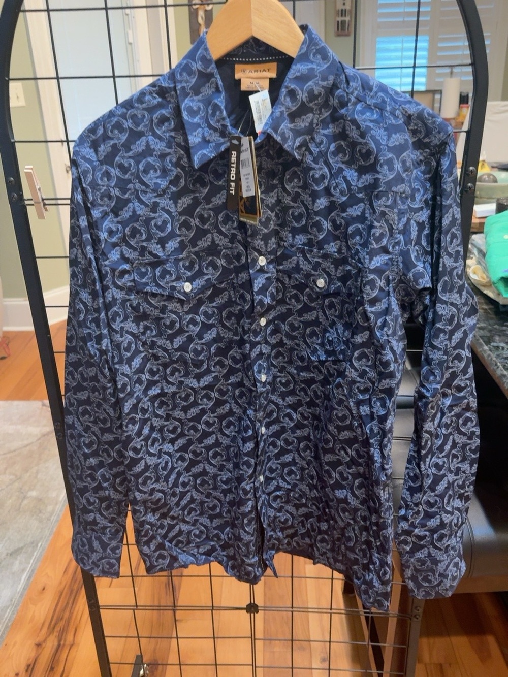 ARIAT Dash Snap Shirt Men’s Medium Navy Retro Fit Western Pearl Snap NWT 1000832